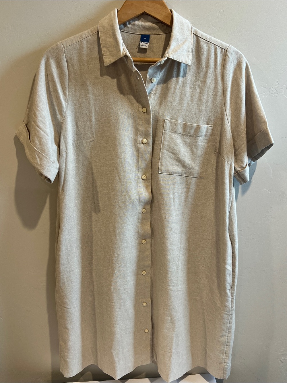 Old Navy Beige Short Sleeve Button-Front Shirt Dress